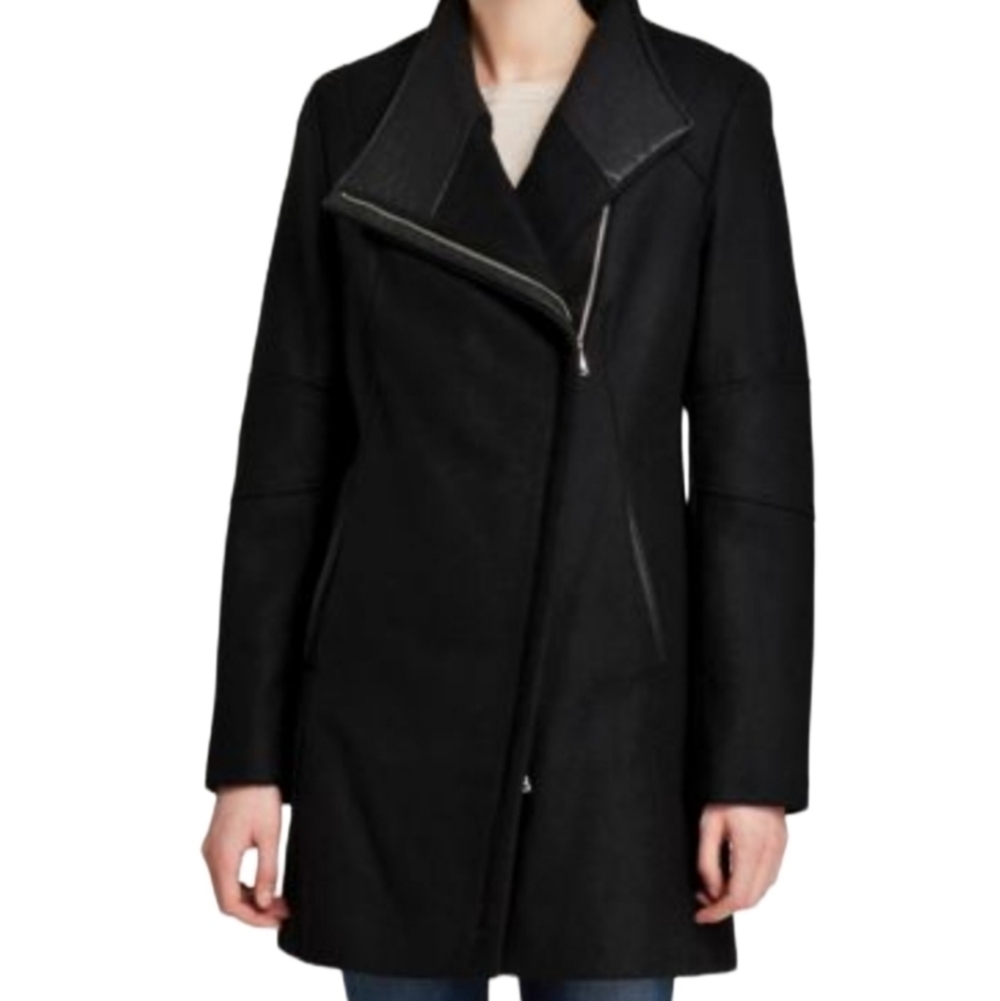 NEW! CALVIN KLIEN Black Wool Blend Asymettrical Zip  Mid-length Coat Small.